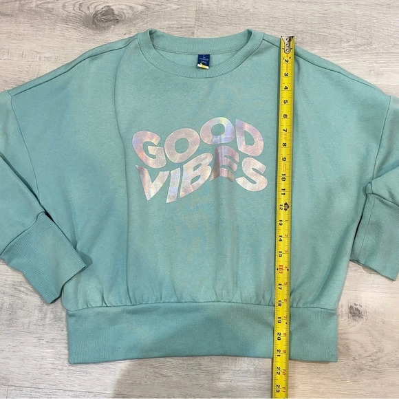 Good Vibes Psychedelic Mint Green Batwing Fleece Cropped Sweatshirt Size M - Picture 6 of 15